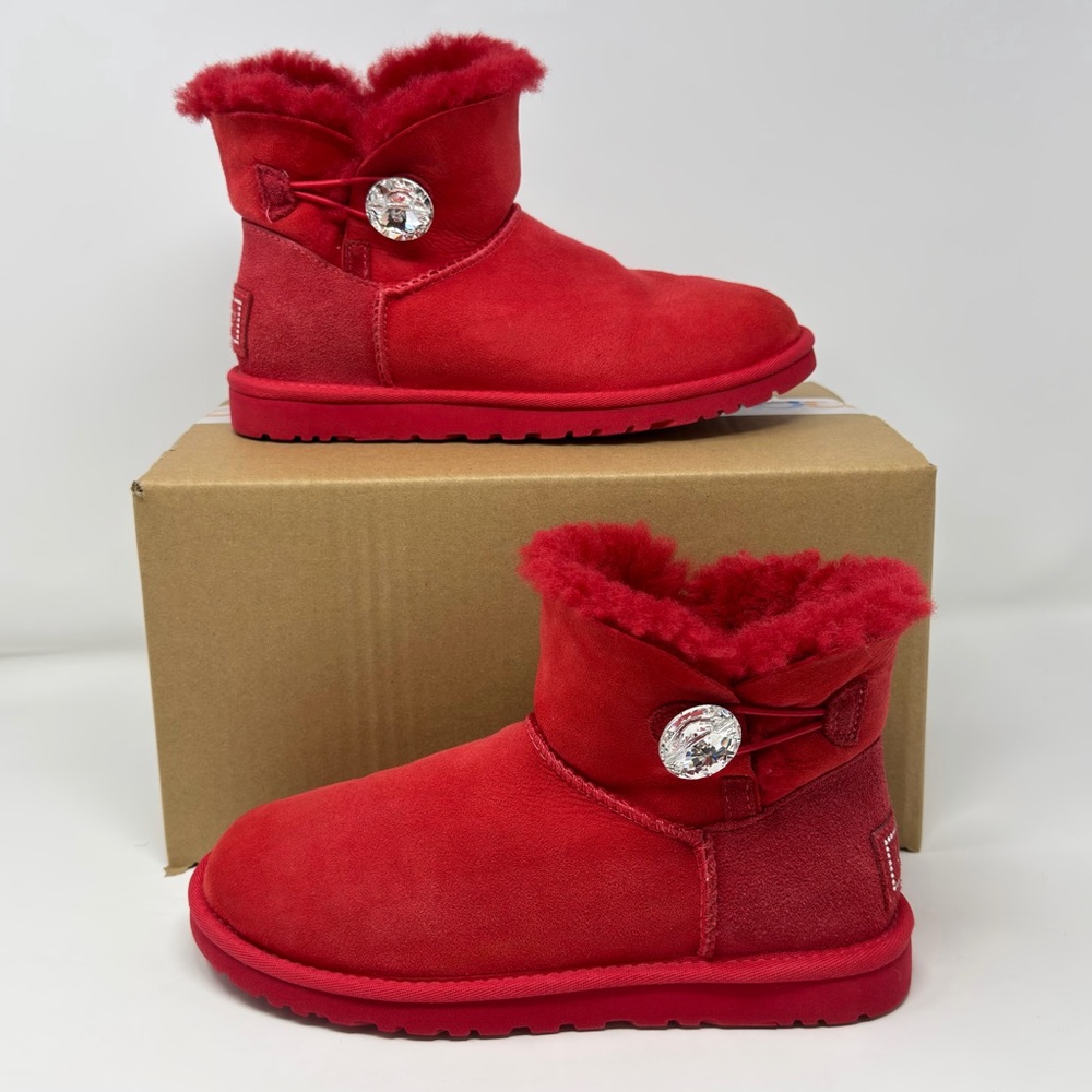 UGG Women's Mini Bailey Button Bling Boots Ribbon Red Crystal Swarovski Size 6